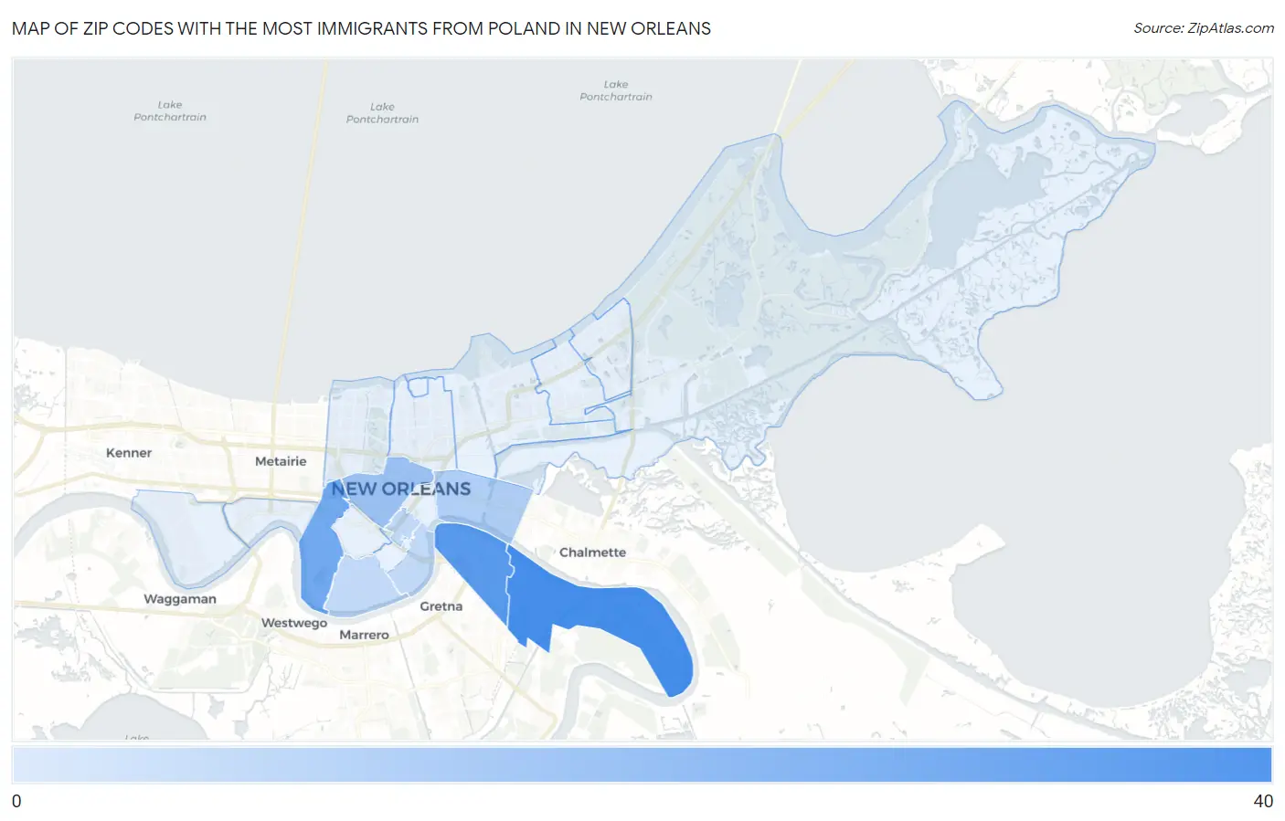 Zip Codes with the Most Immigrants from Poland in New Orleans Map