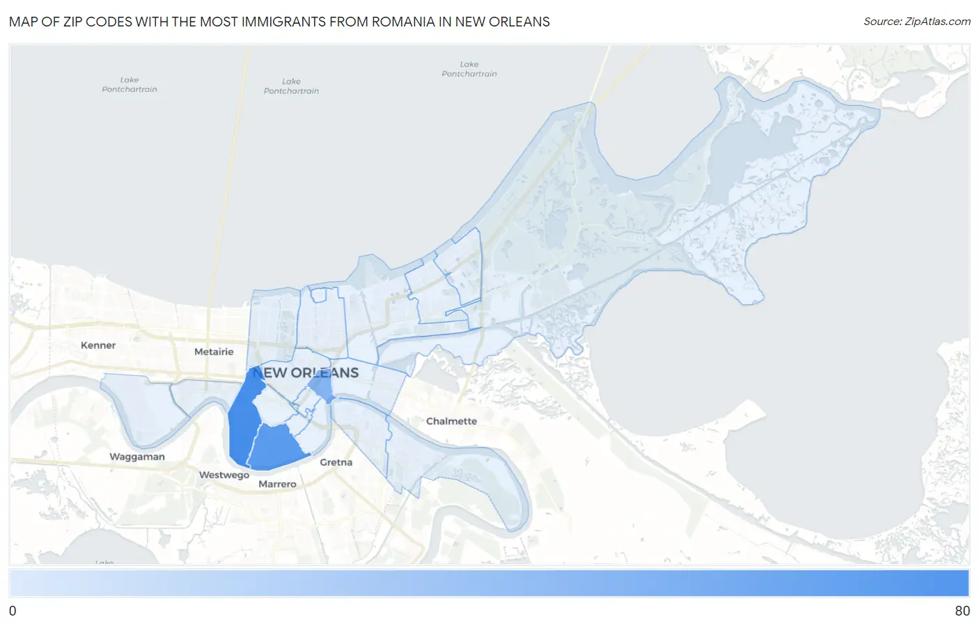 Zip Codes with the Most Immigrants from Romania in New Orleans Map