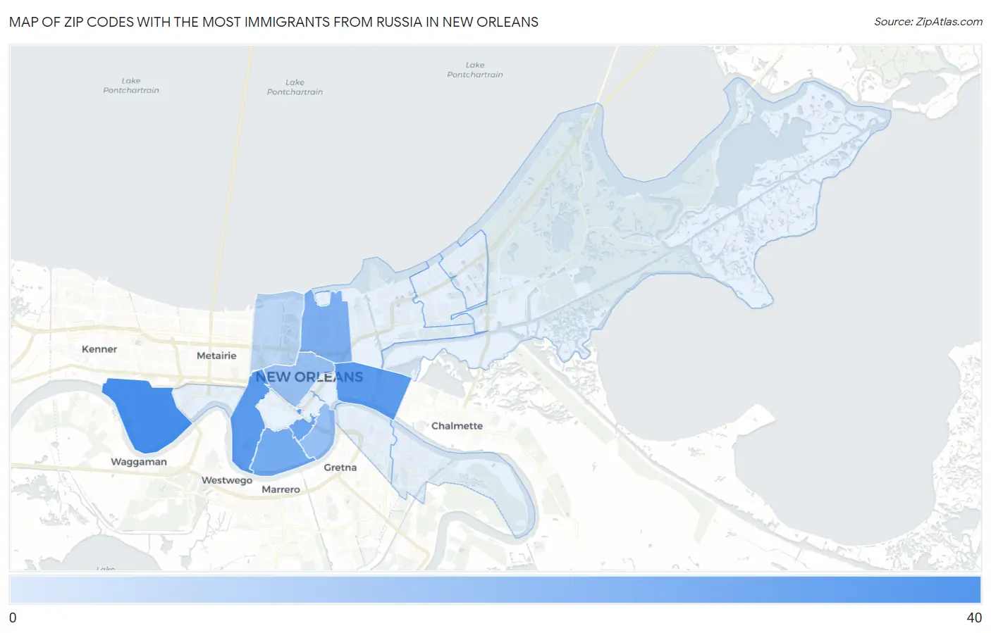 Zip Codes with the Most Immigrants from Russia in New Orleans Map