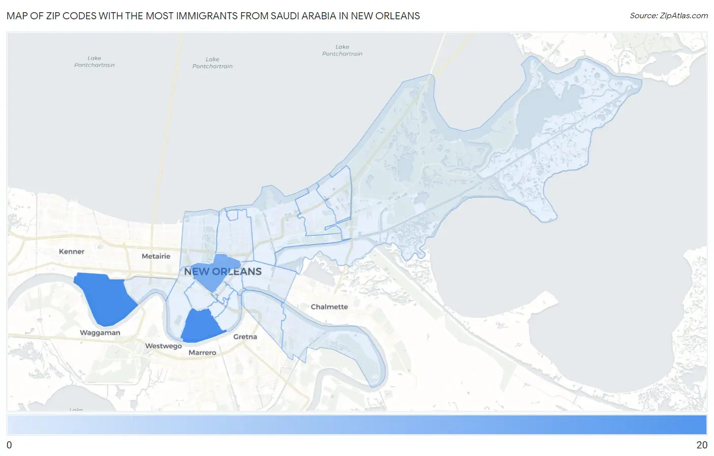 Zip Codes with the Most Immigrants from Saudi Arabia in New Orleans Map