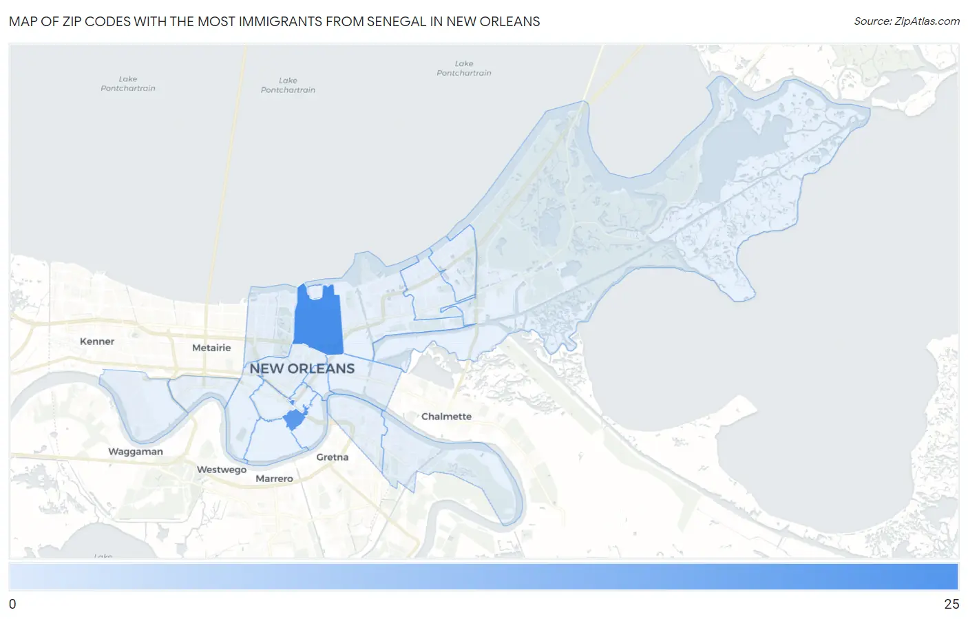 Zip Codes with the Most Immigrants from Senegal in New Orleans Map