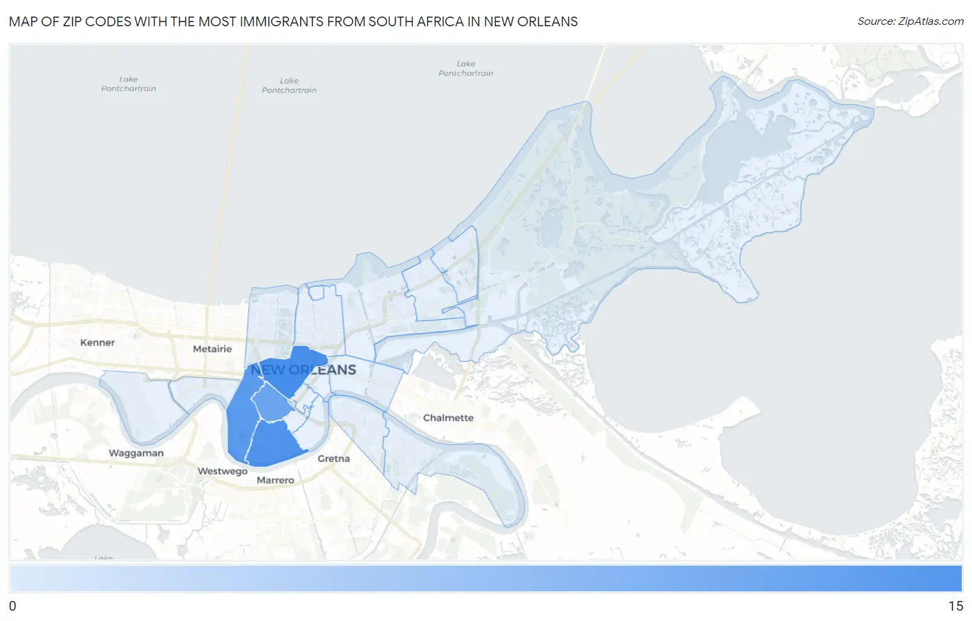 Zip Codes with the Most Immigrants from South Africa in New Orleans Map