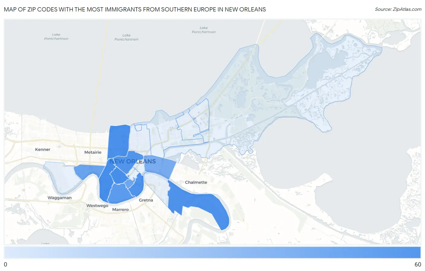 Zip Codes with the Most Immigrants from Southern Europe in New Orleans Map