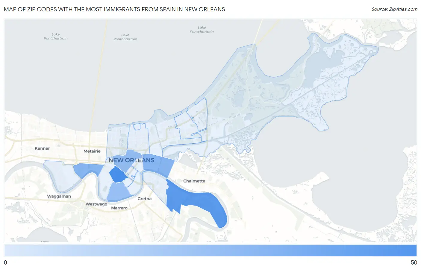 Zip Codes with the Most Immigrants from Spain in New Orleans Map