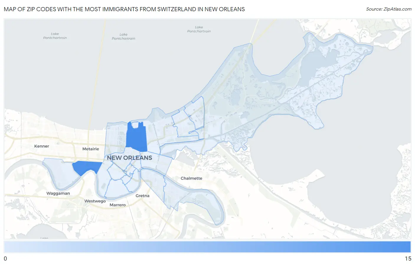 Zip Codes with the Most Immigrants from Switzerland in New Orleans Map