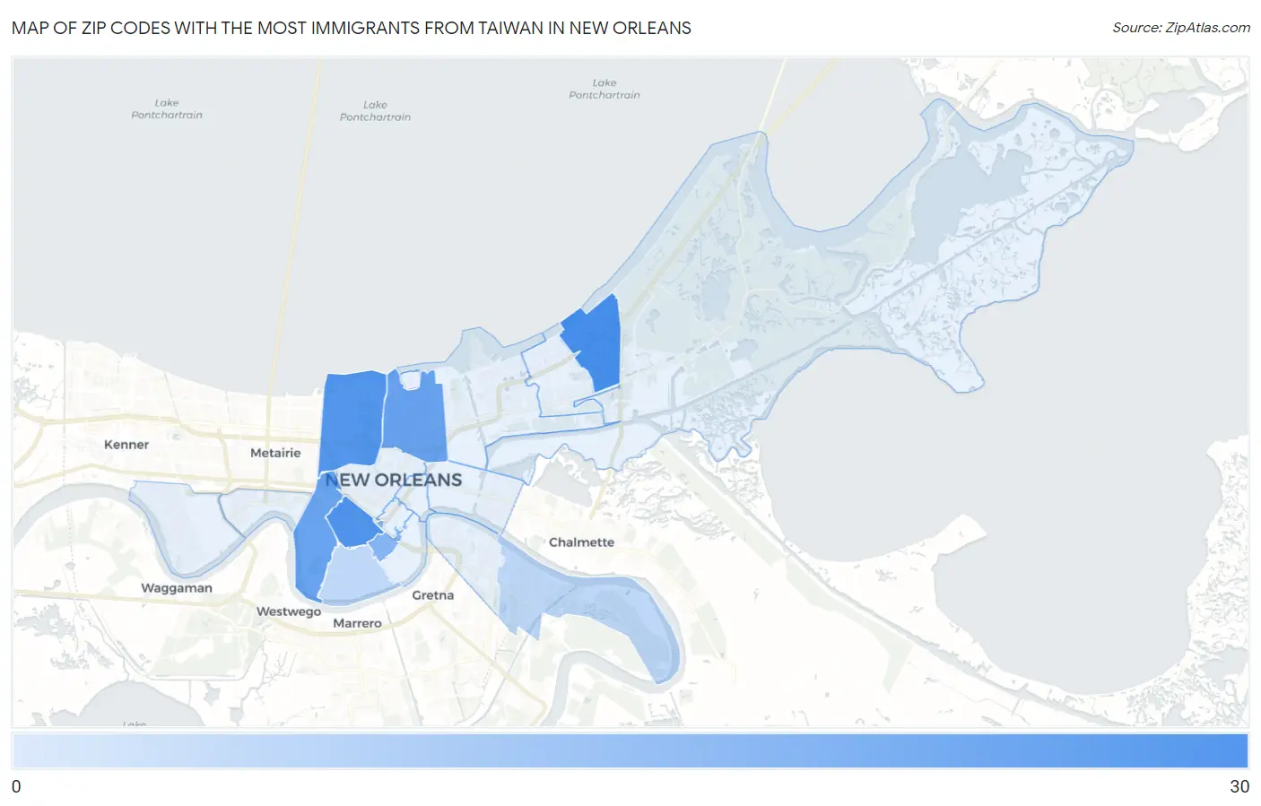 Zip Codes with the Most Immigrants from Taiwan in New Orleans Map