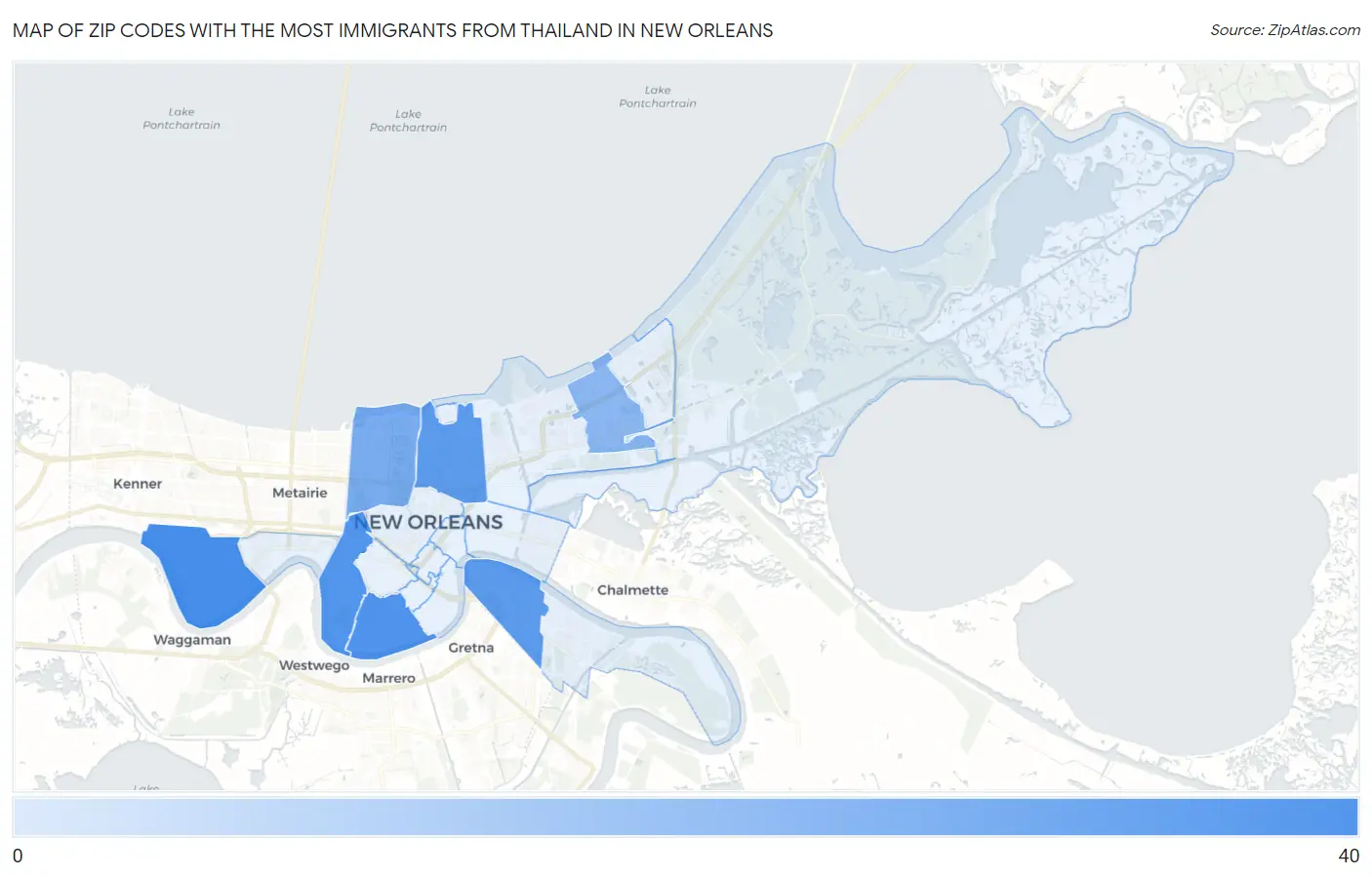 Zip Codes with the Most Immigrants from Thailand in New Orleans Map