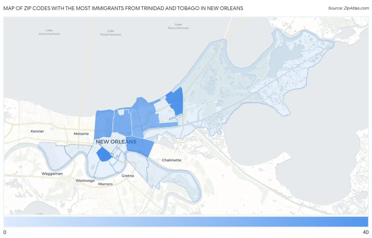 Zip Codes with the Most Immigrants from Trinidad and Tobago in New Orleans Map