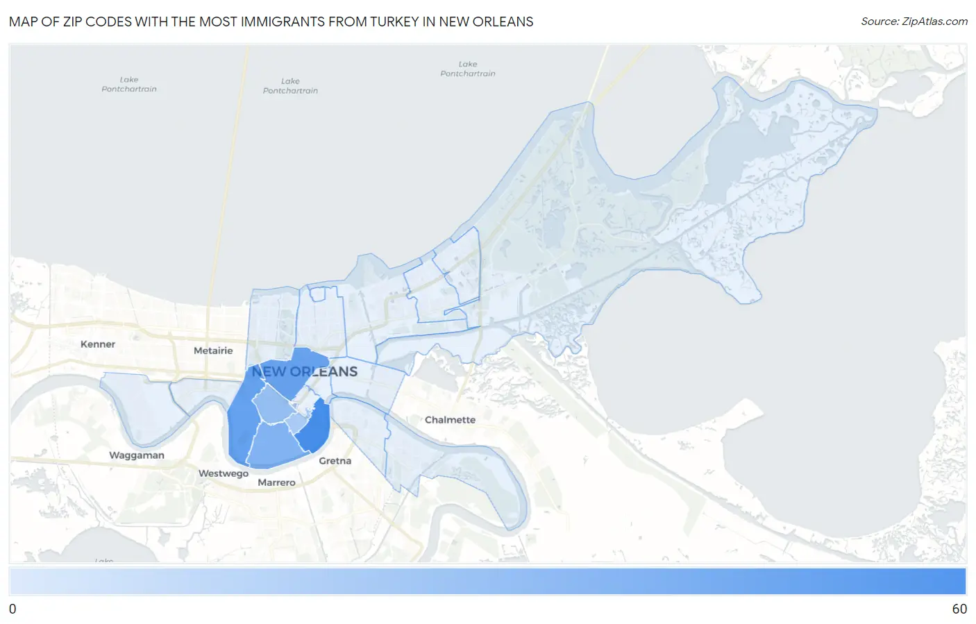 Zip Codes with the Most Immigrants from Turkey in New Orleans Map
