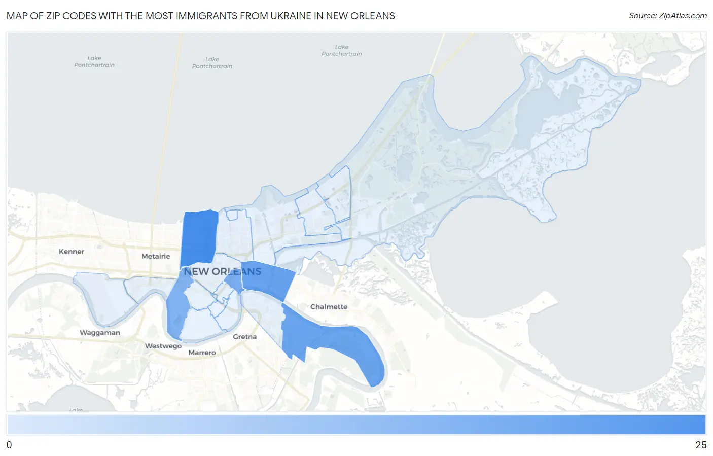 Zip Codes with the Most Immigrants from Ukraine in New Orleans Map