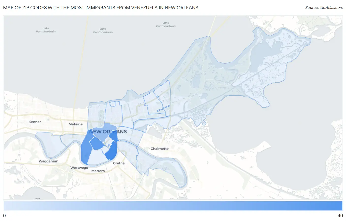 Zip Codes with the Most Immigrants from Venezuela in New Orleans Map