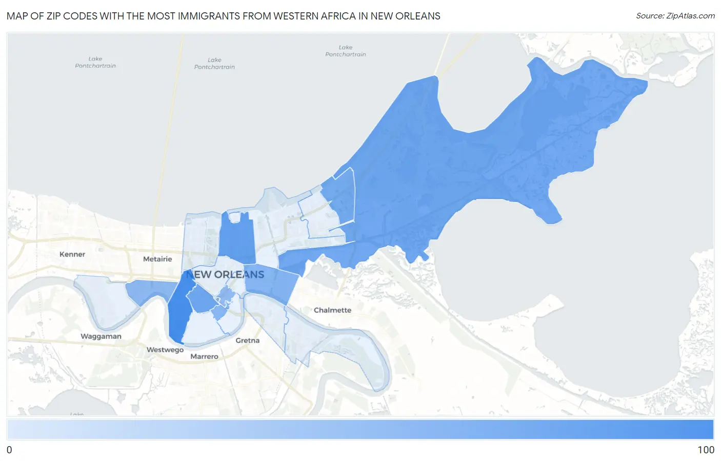Zip Codes with the Most Immigrants from Western Africa in New Orleans Map