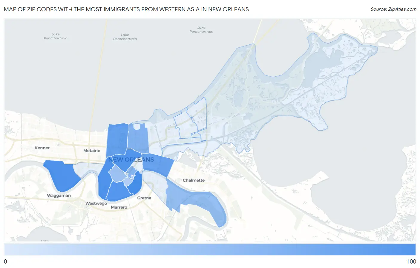 Zip Codes with the Most Immigrants from Western Asia in New Orleans Map