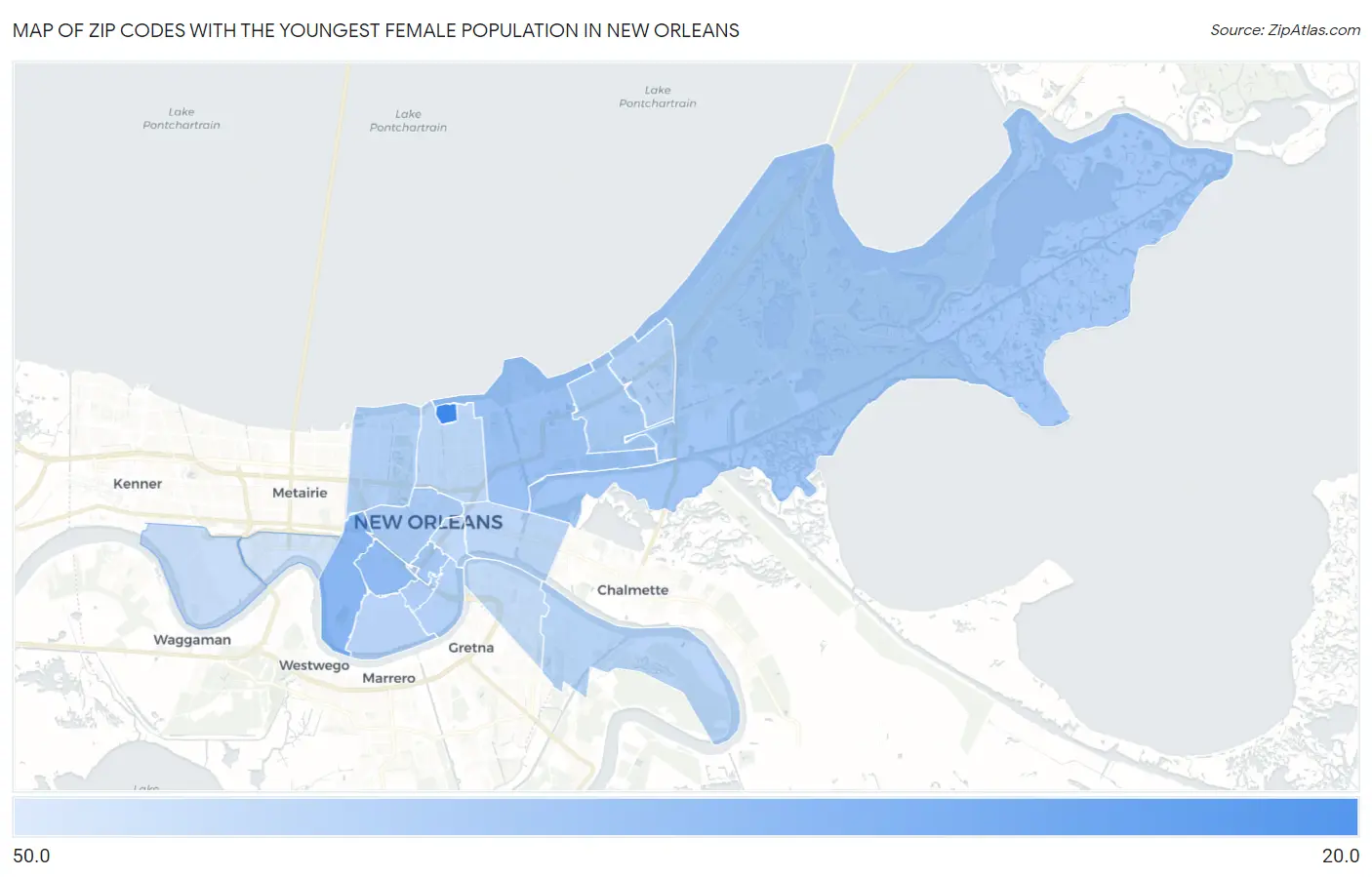 Zip Codes with the Youngest Female Population in New Orleans Map