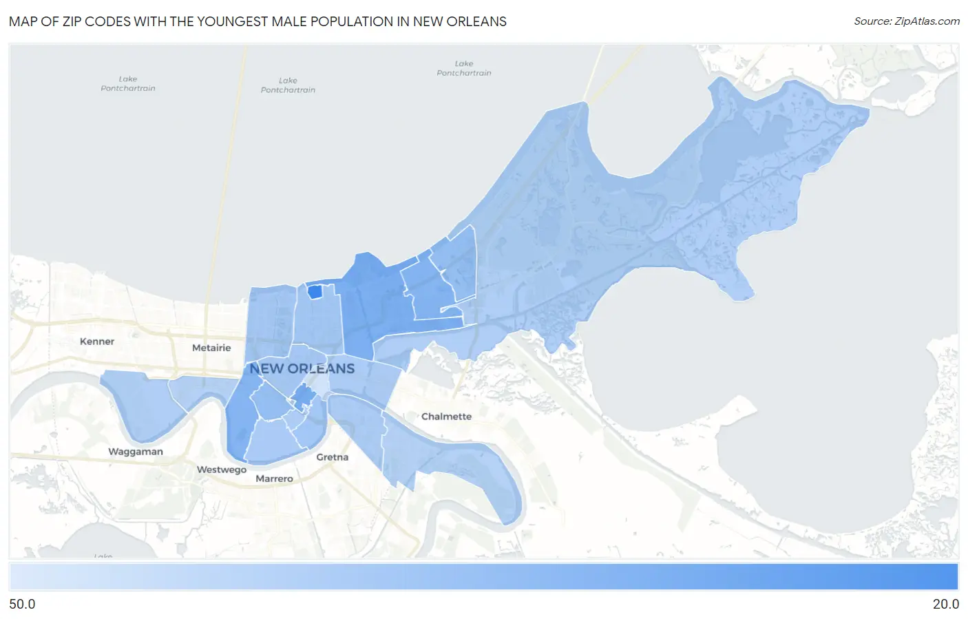 Zip Codes with the Youngest Male Population in New Orleans Map