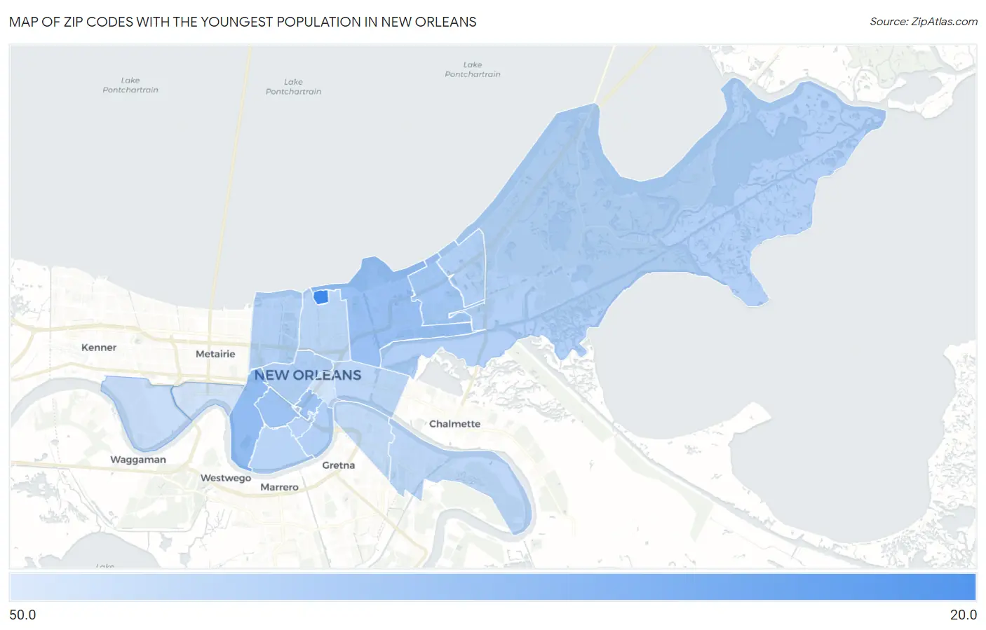 Zip Codes with the Youngest Population in New Orleans Map