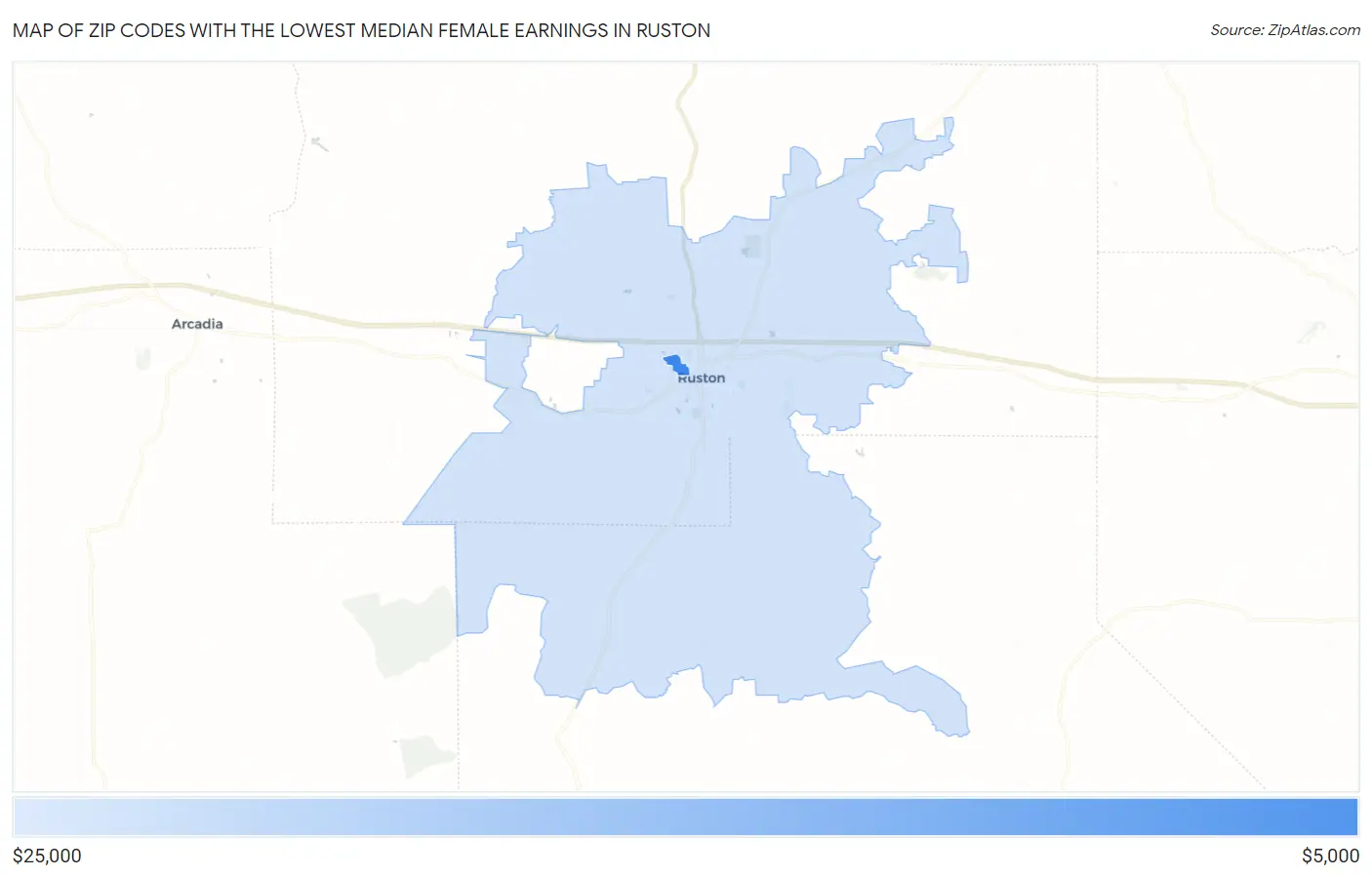 Zip Codes with the Lowest Median Female Earnings in Ruston Map