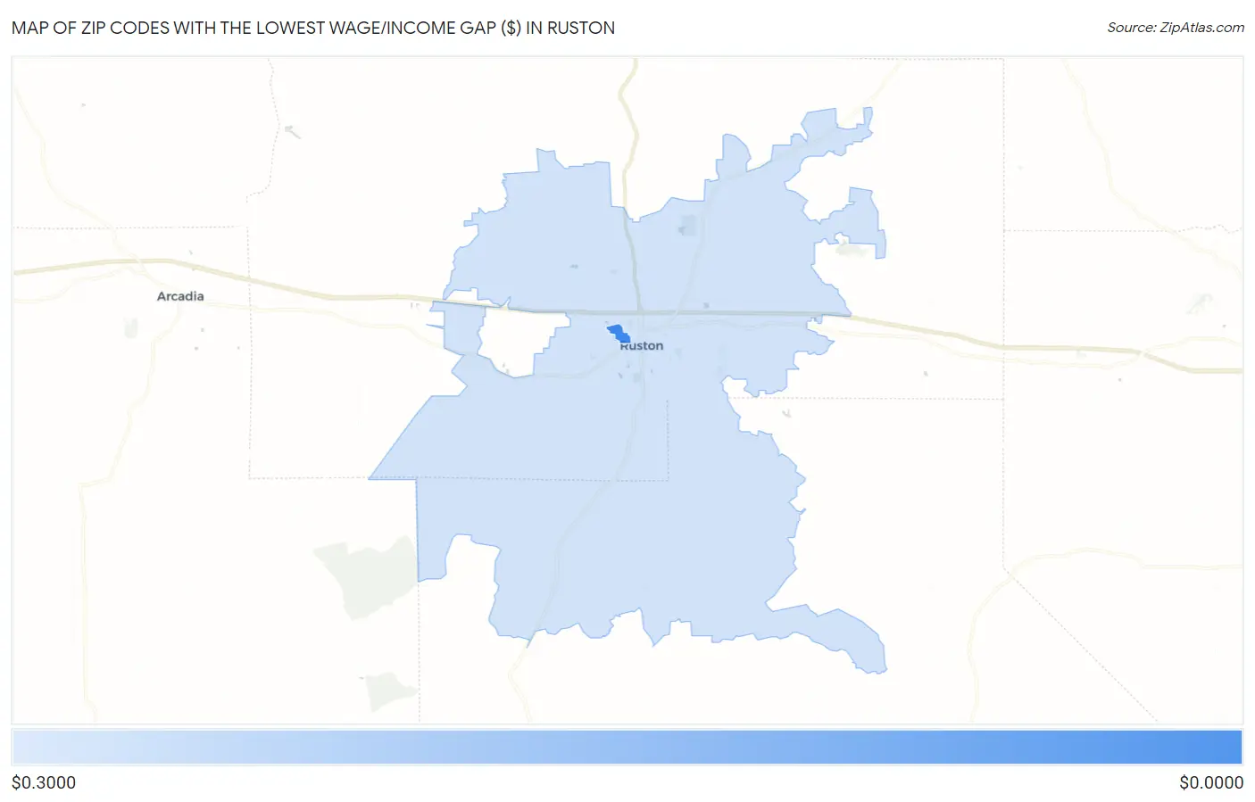 Zip Codes with the Lowest Wage/Income Gap ($) in Ruston Map