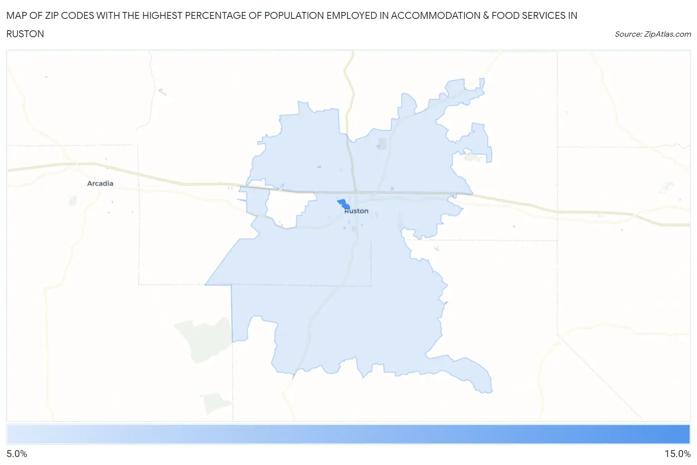 Zip Codes with the Highest Percentage of Population Employed in Accommodation & Food Services in Ruston Map