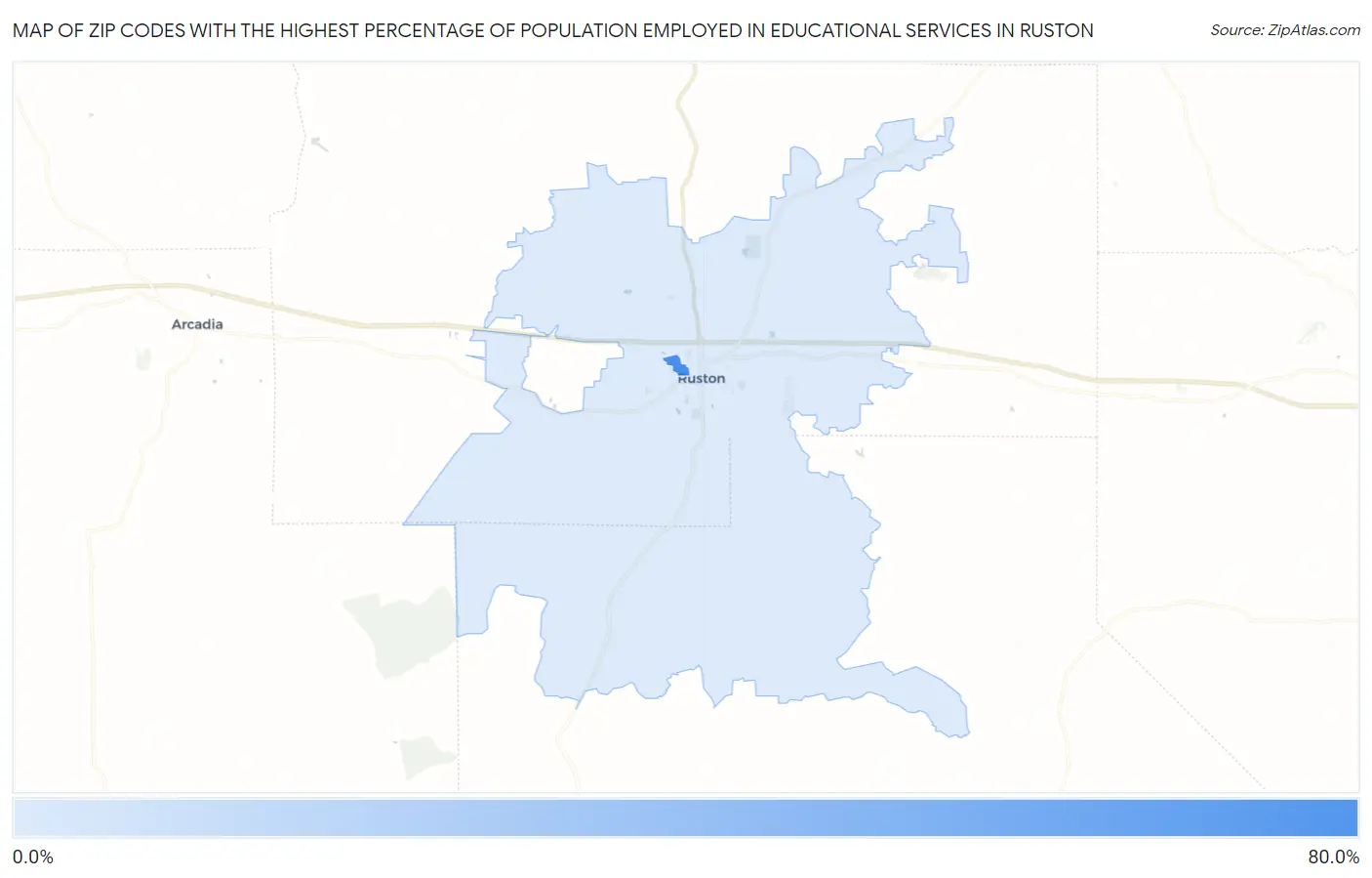 Zip Codes with the Highest Percentage of Population Employed in Educational Services in Ruston Map