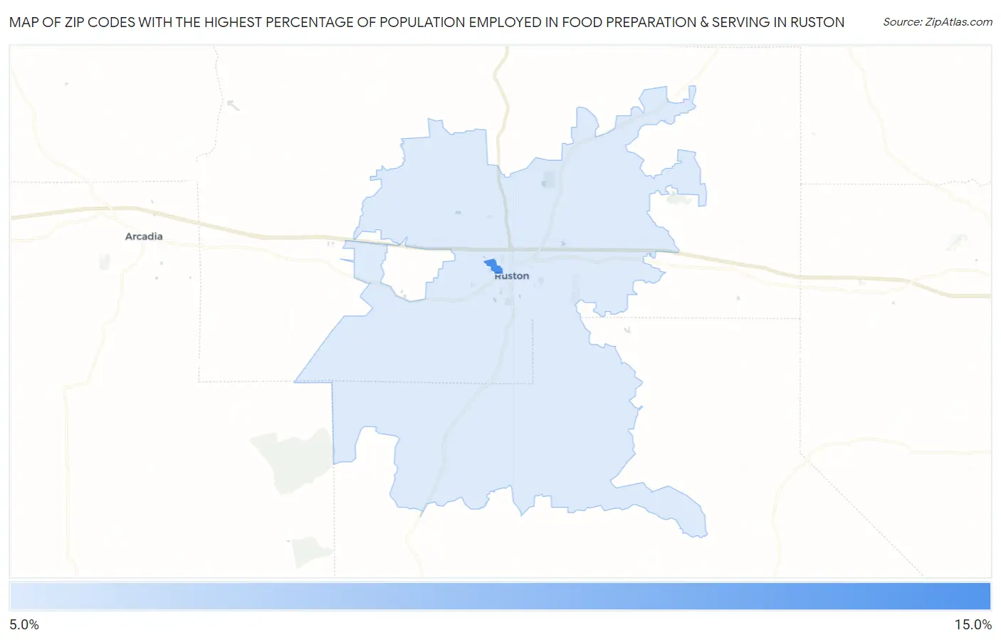 Zip Codes with the Highest Percentage of Population Employed in Food Preparation & Serving in Ruston Map