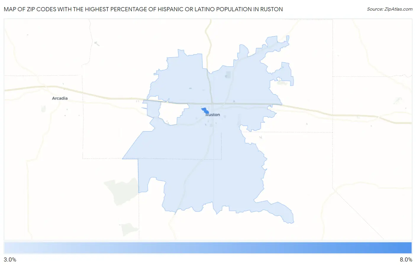 Zip Codes with the Highest Percentage of Hispanic or Latino Population in Ruston Map