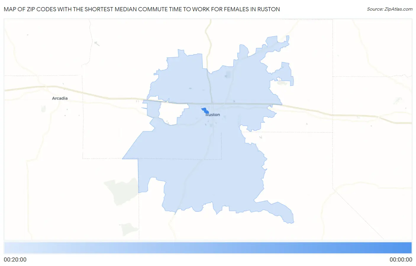 Zip Codes with the Shortest Median Commute Time to Work for Females in Ruston Map