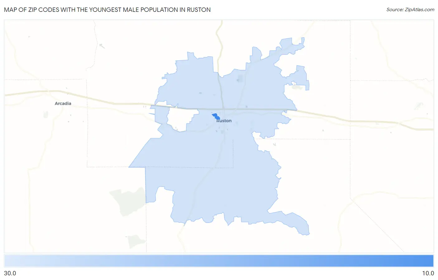 Zip Codes with the Youngest Male Population in Ruston Map