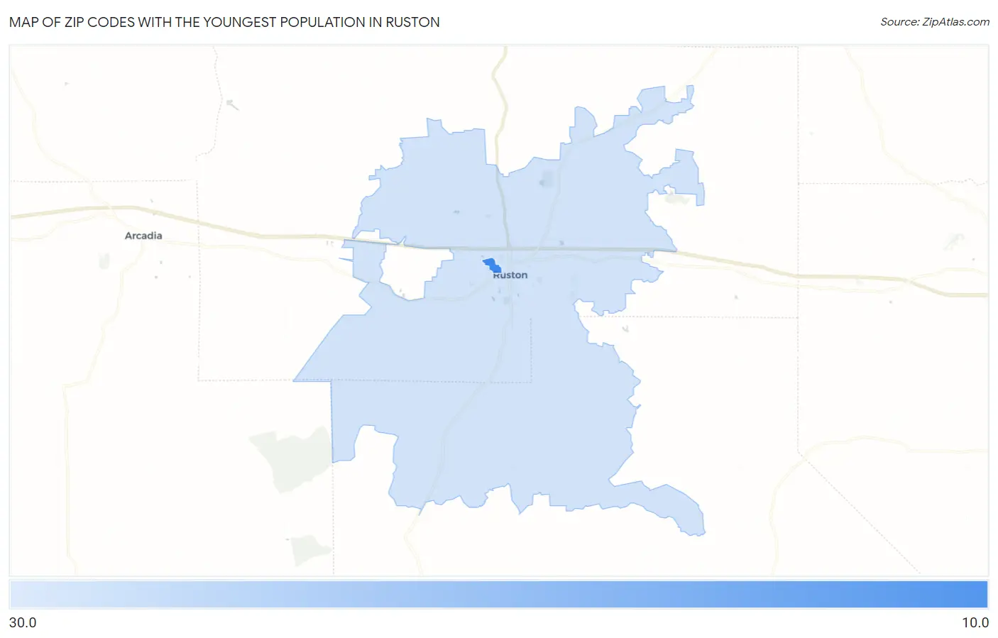 Zip Codes with the Youngest Population in Ruston Map