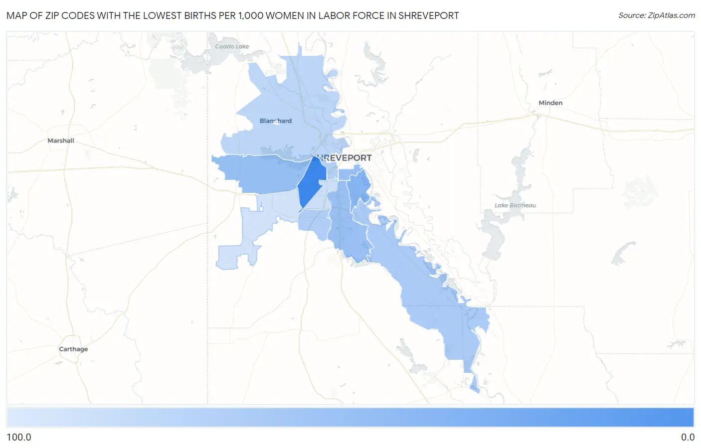 Zip Codes with the Lowest Births per 1,000 Women in Labor Force in Shreveport Map