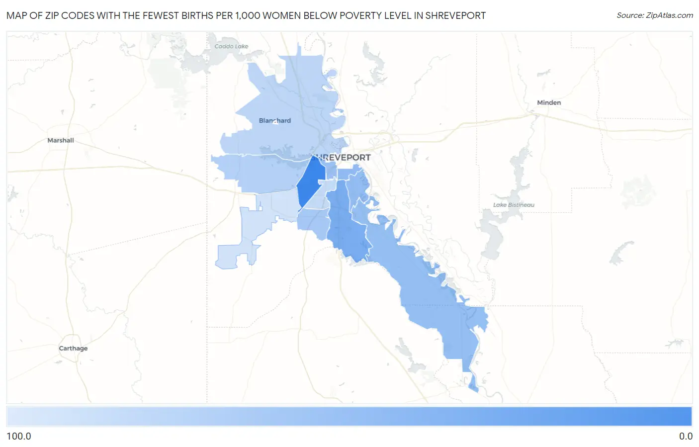 Zip Codes with the Fewest Births per 1,000 Women Below Poverty Level in Shreveport Map