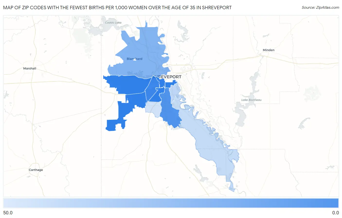 Zip Codes with the Fewest Births per 1,000 Women Over the Age of 35 in Shreveport Map