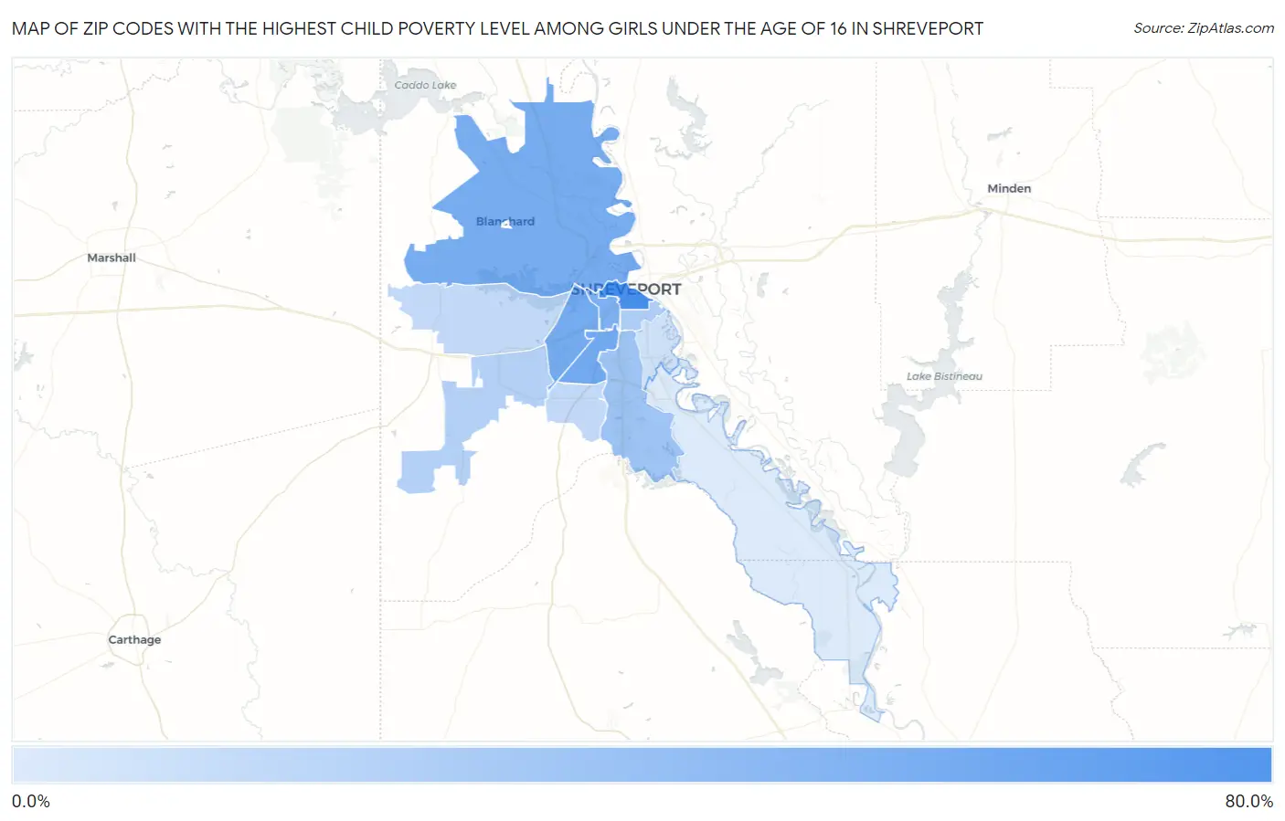 Zip Codes with the Highest Child Poverty Level Among Girls Under the Age of 16 in Shreveport Map