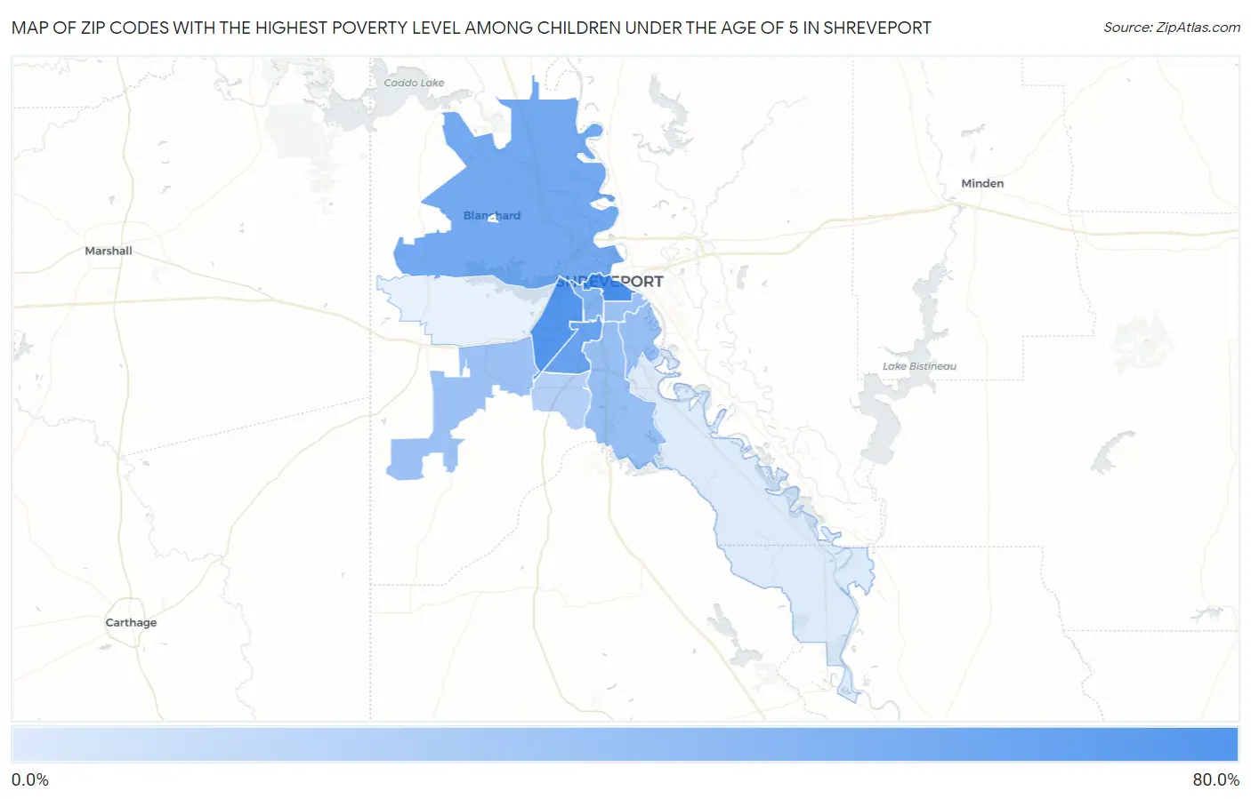 Zip Codes with the Highest Poverty Level Among Children Under the Age of 5 in Shreveport Map