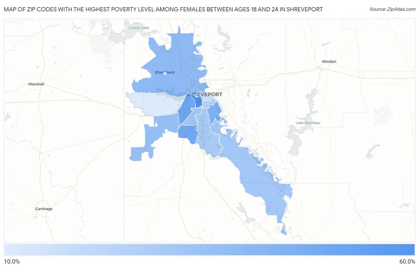 Zip Codes with the Highest Poverty Level Among Females Between Ages 18 and 24 in Shreveport Map