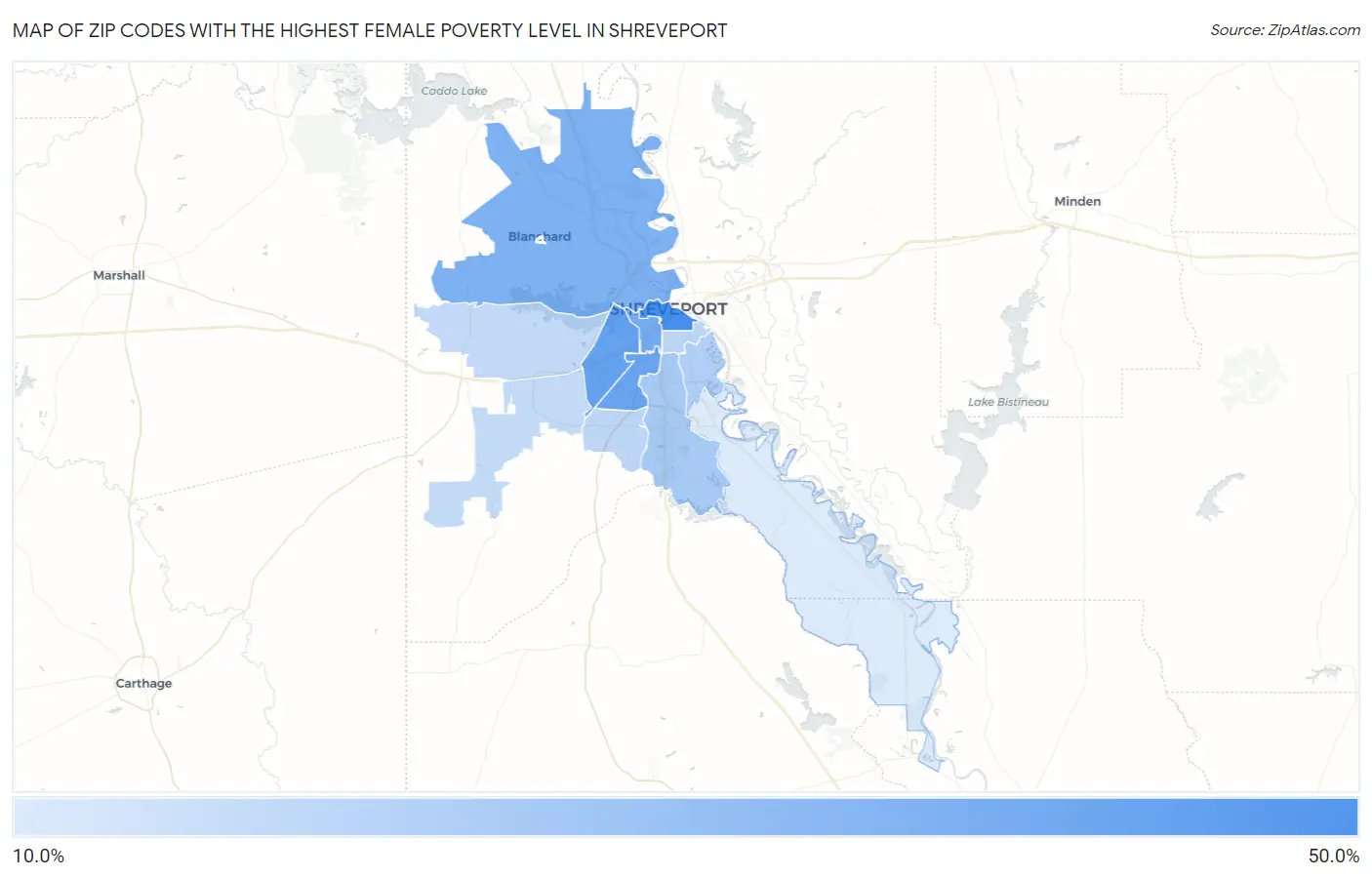 Zip Codes with the Highest Female Poverty Level in Shreveport Map