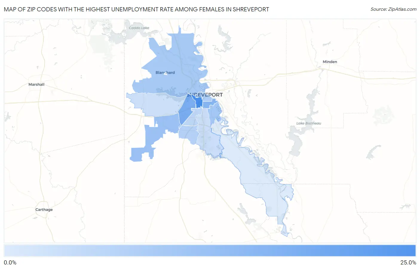 Zip Codes with the Highest Unemployment Rate Among Females in Shreveport Map