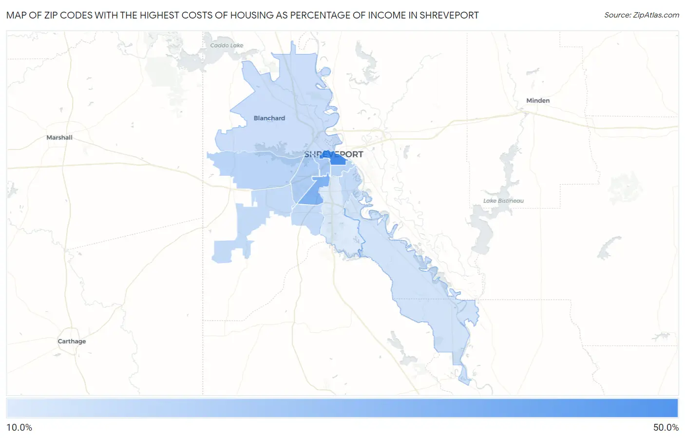 Zip Codes with the Highest Costs of Housing as Percentage of Income in Shreveport Map