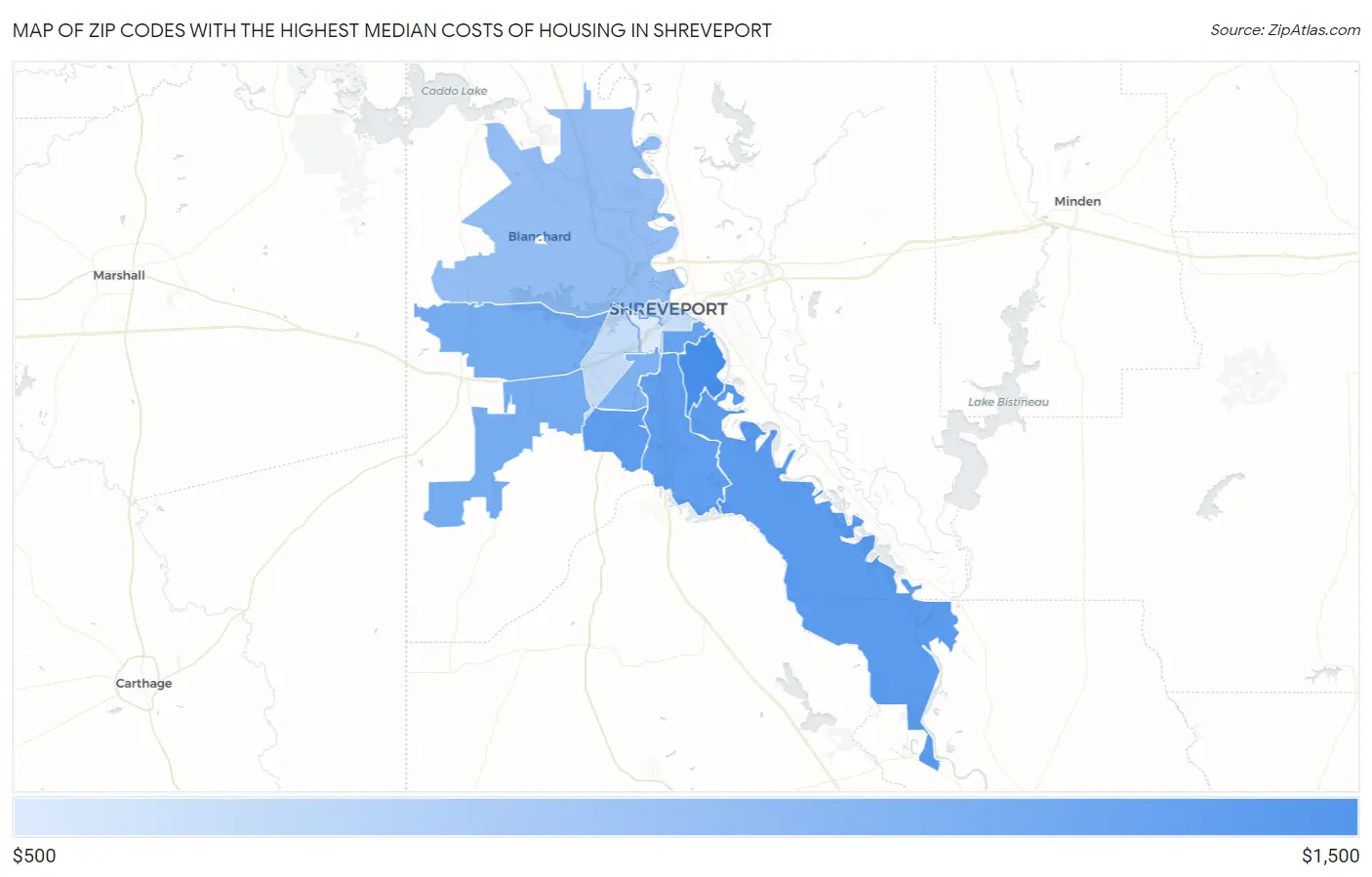 Zip Codes with the Highest Median Costs of Housing in Shreveport Map