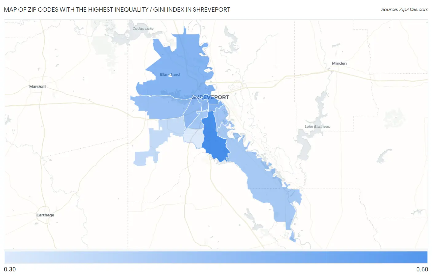 Zip Codes with the Highest Inequality / Gini Index in Shreveport Map