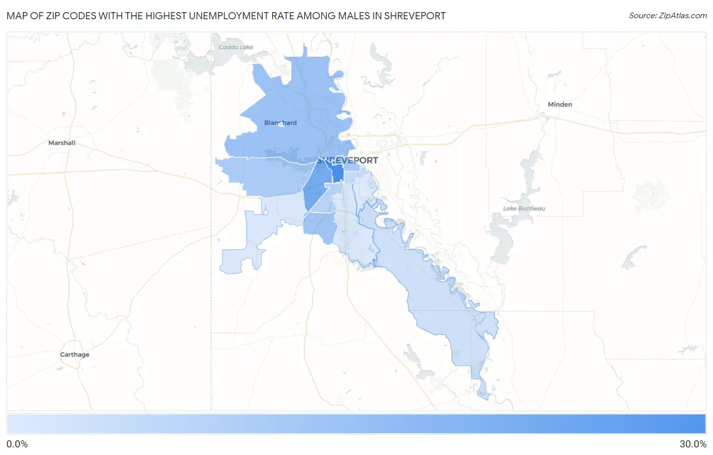 Zip Codes with the Highest Unemployment Rate Among Males in Shreveport Map