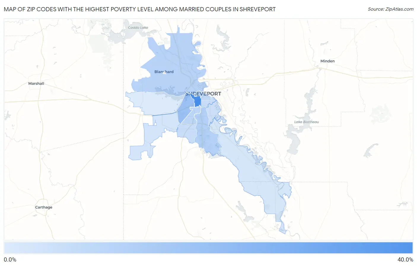 Zip Codes with the Highest Poverty Level Among Married Couples in Shreveport Map