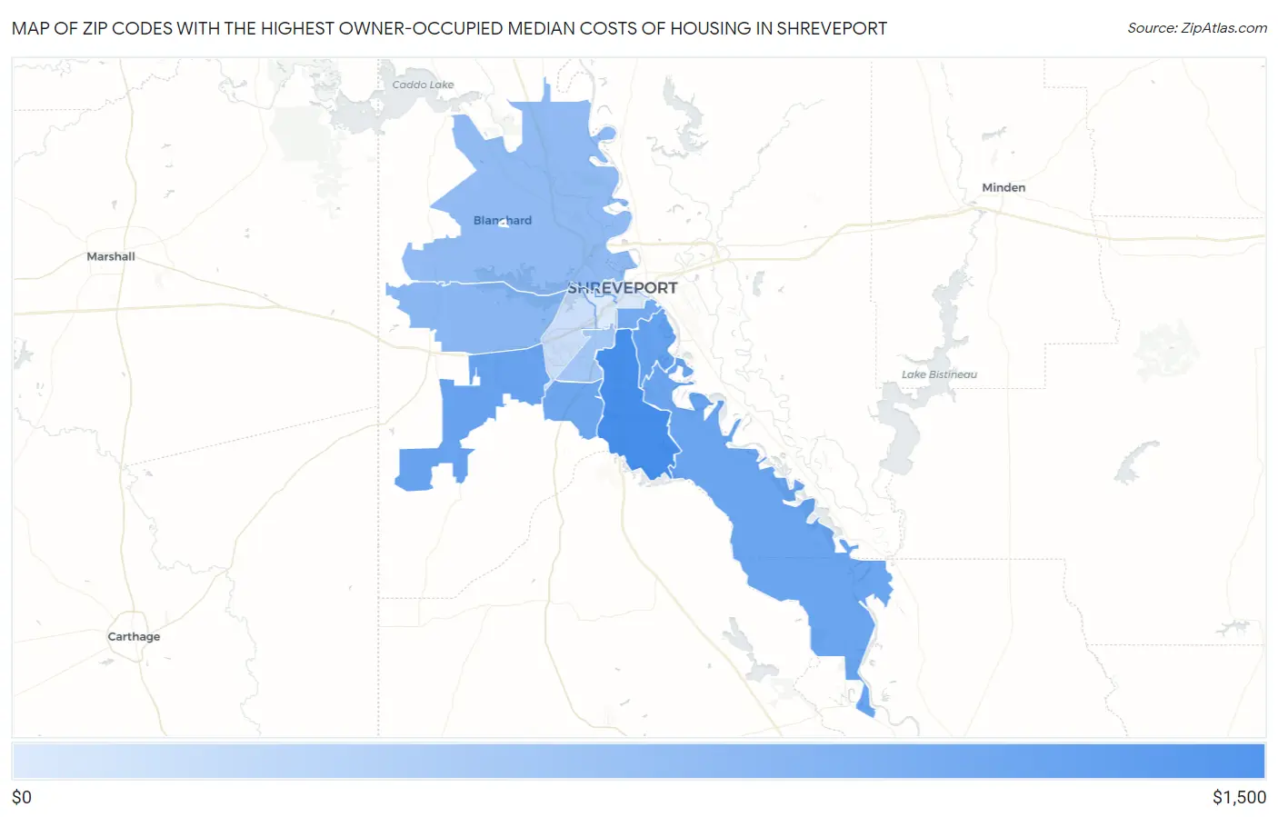 Zip Codes with the Highest Owner-Occupied Median Costs of Housing in Shreveport Map