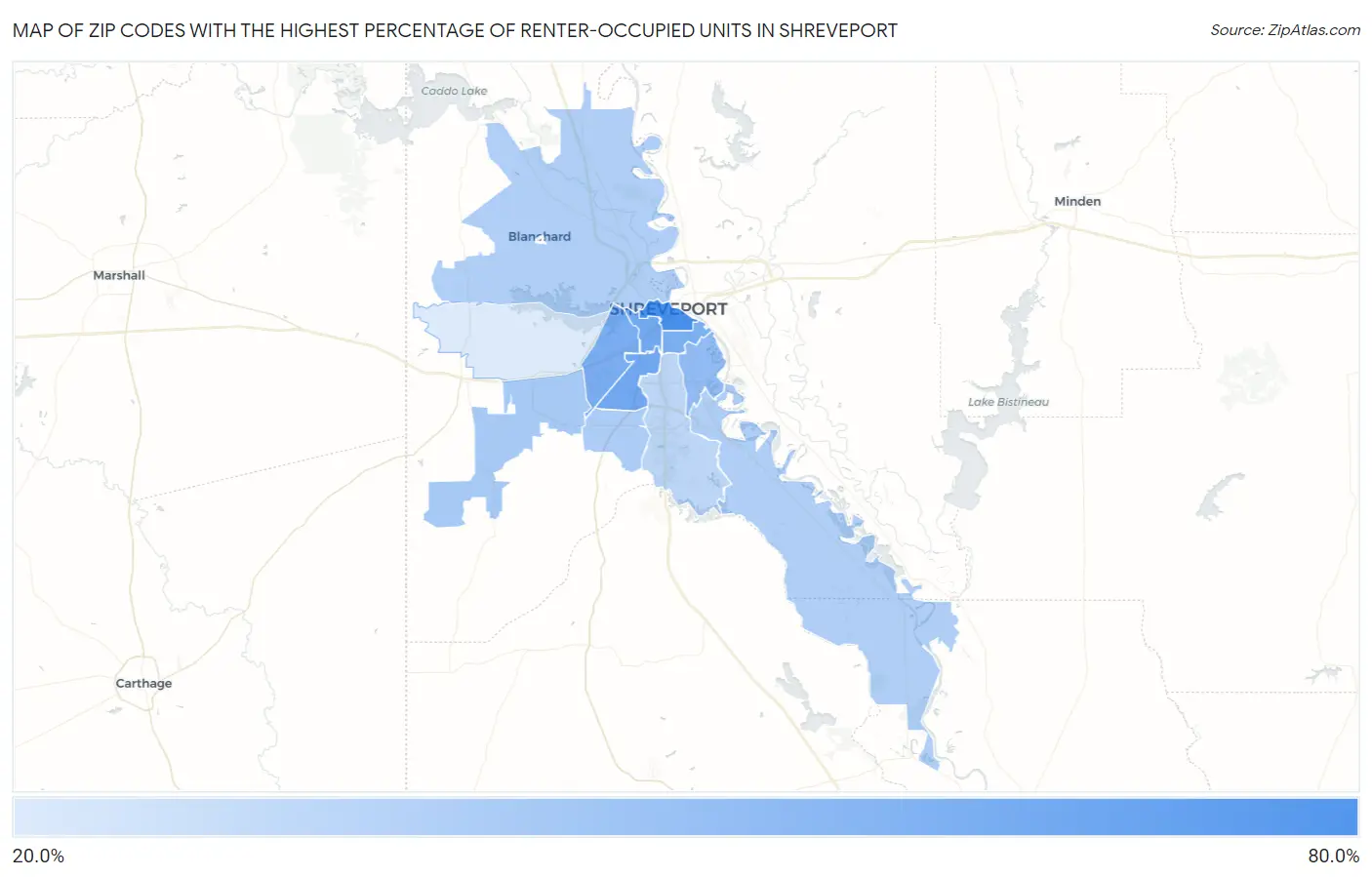 Zip Codes with the Highest Percentage of Renter-Occupied Units in Shreveport Map
