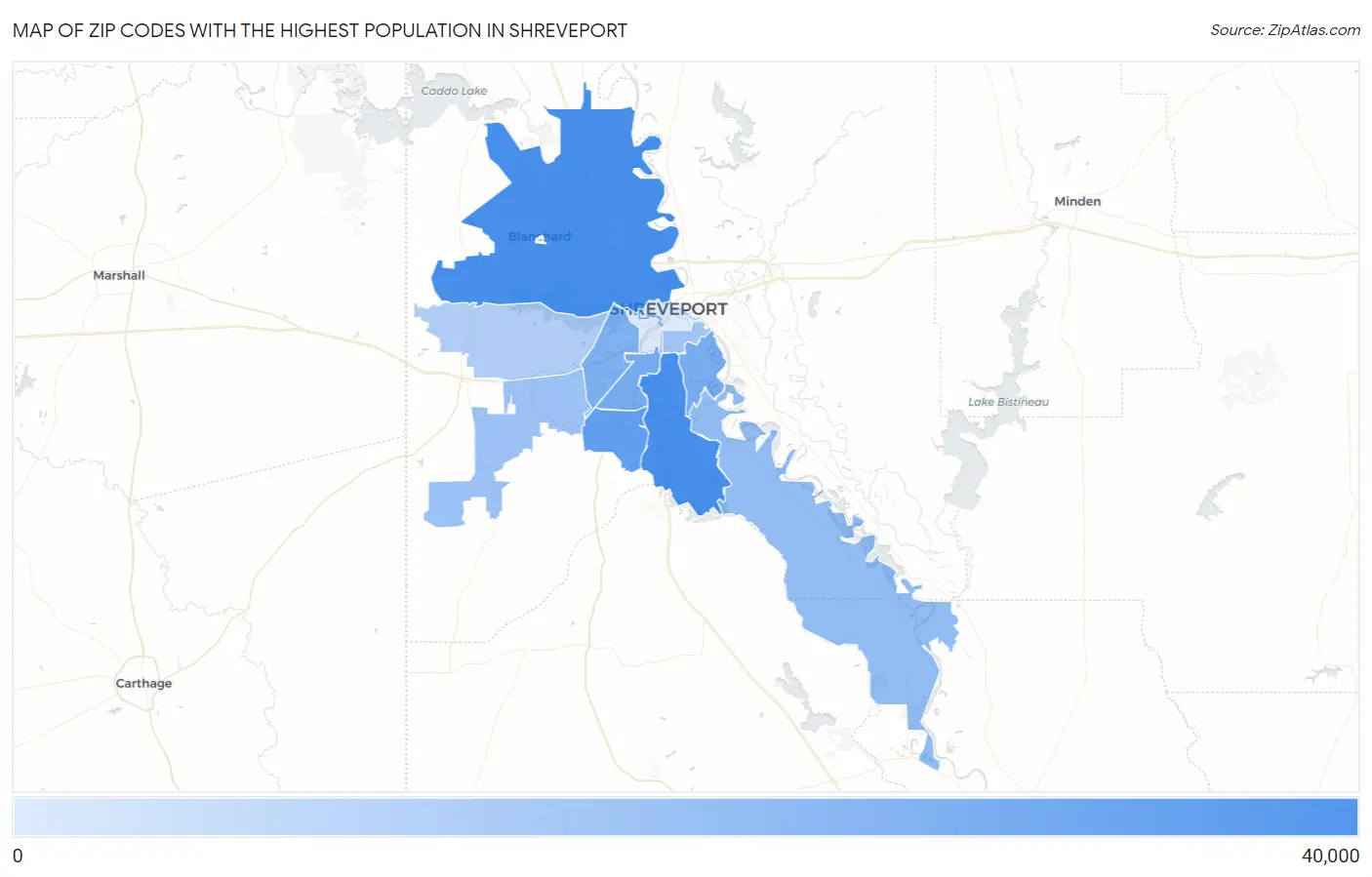 Zip Codes with the Highest Population in Shreveport Map