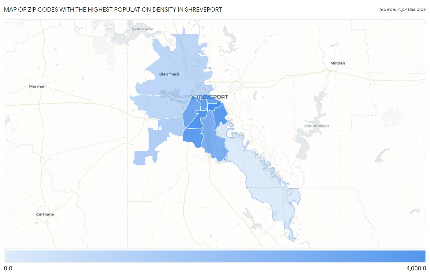 Zip Codes with the Highest Population Density in Shreveport Map