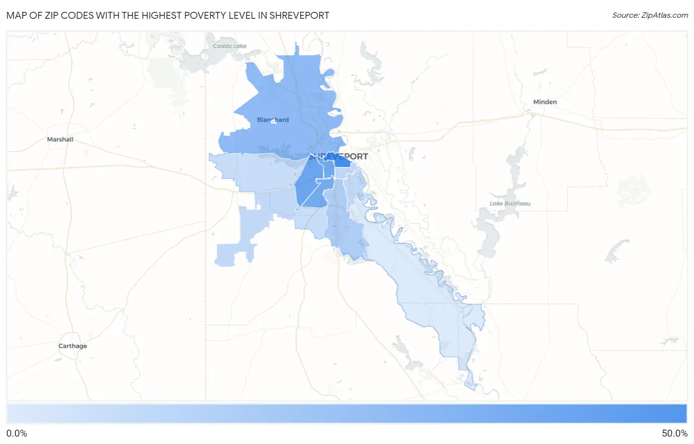 Zip Codes with the Highest Poverty Level in Shreveport Map