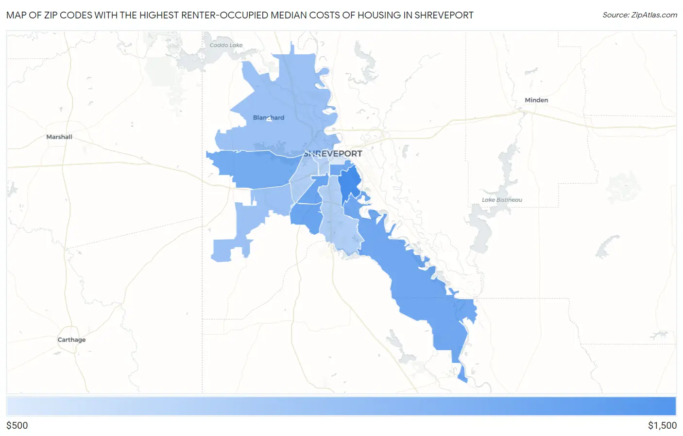 Zip Codes with the Highest Renter-Occupied Median Costs of Housing in Shreveport Map