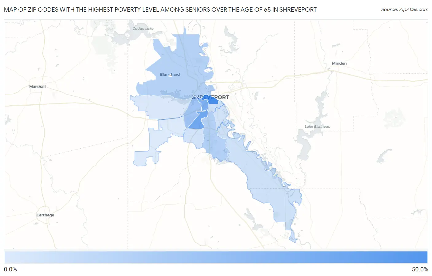 Zip Codes with the Highest Poverty Level Among Seniors Over the Age of 65 in Shreveport Map