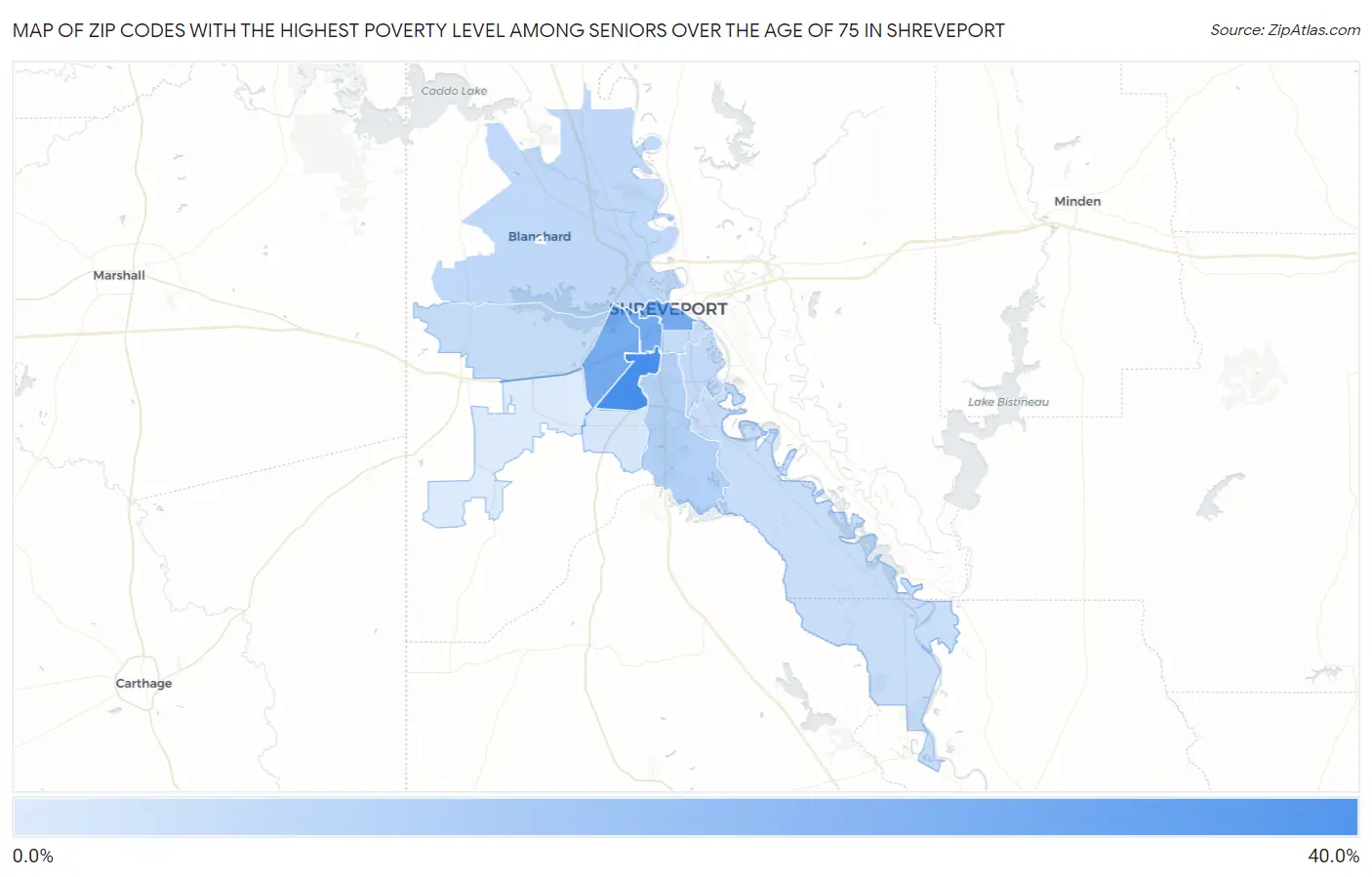Zip Codes with the Highest Poverty Level Among Seniors Over the Age of 75 in Shreveport Map